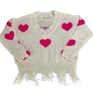 Altar’d State Women’s Pink Heart Valentine Novelty V Neck Sweater Size X-Small